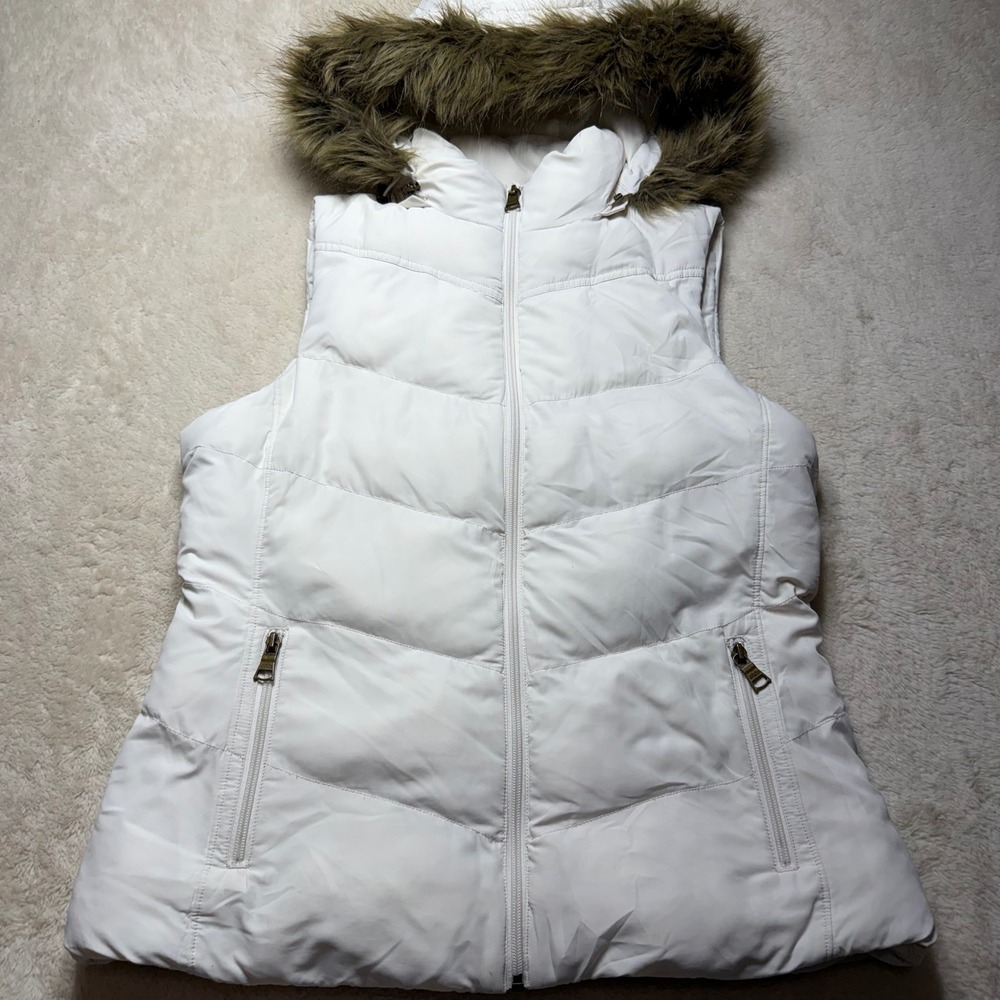 Banana Republic Puffer Vest Fur Hood Lined White Womens Size Medium